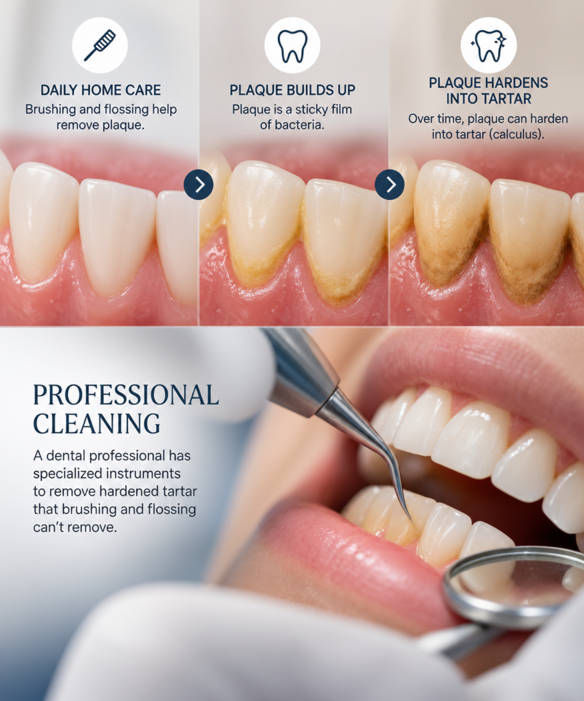 Illustration showing how plaque can harden into tartar and why professional dental cleanings are needed to remove buildup that brushing and flossing cannot.